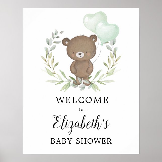 Greenery Teddy Bear Neutral Baby Shower Welcome Poster (Front)