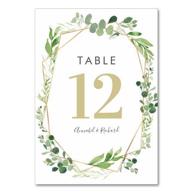 Greenery Terrarium and gold Wedding table cards (Back)