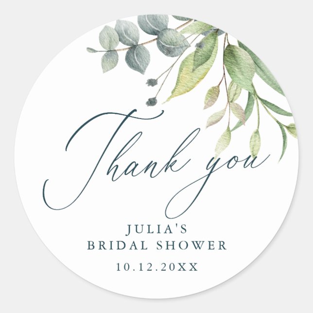 Greenery Thank You Bridal Shower Classic Round Sticker (Front)