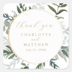 Greenery Thank You Gold Wedding Square Sticker