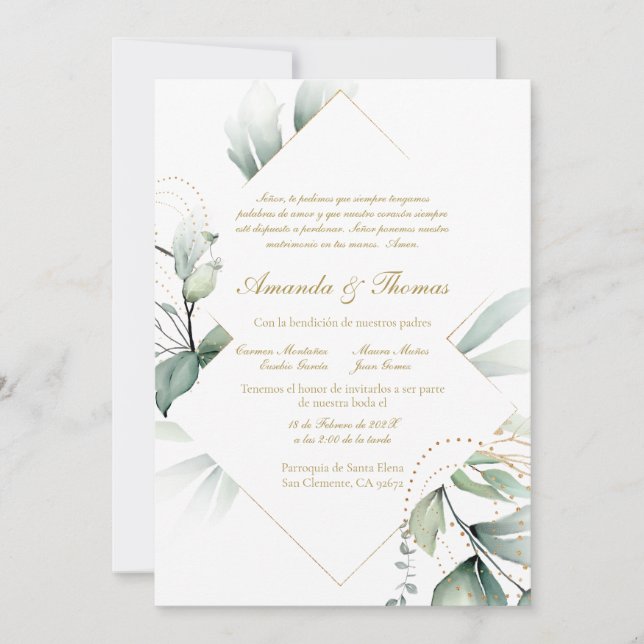  Greenery theme spanish wedding invitation (Front)