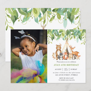 Greenery Tribal Woodland Animals Birthday Photo Invitation