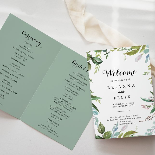 Greenery Tropical Calligraphy Folded Wedding Program (Creator Uploaded)