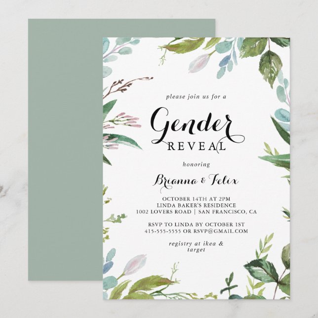 Greenery Tropical Calligraphy Gender Reveal Party Invitation (Front/Back)