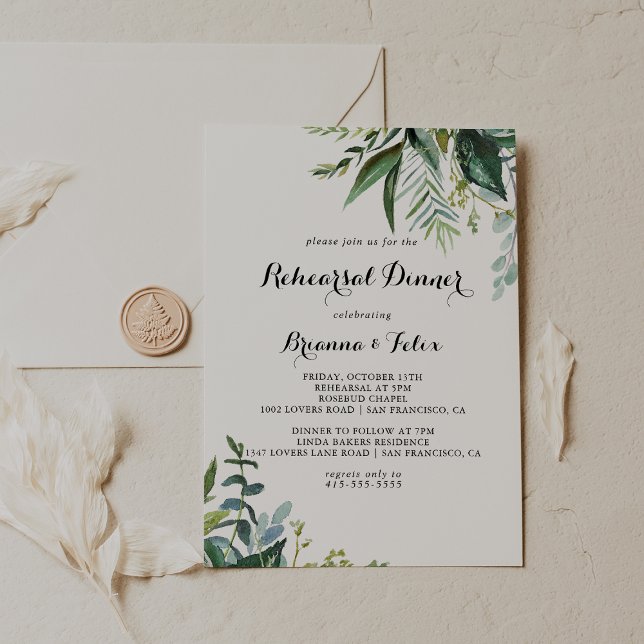 Greenery Tropical Calligraphy Rehearsal Dinner Invitation (Creator Uploaded)