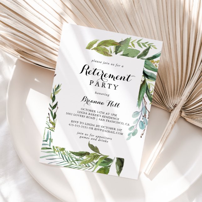 Greenery Tropical Calligraphy Retirement Party Invitation (Creator Uploaded)