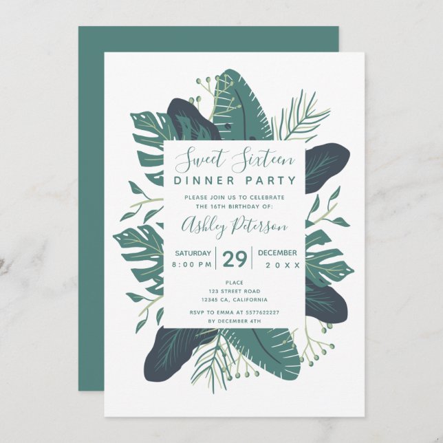 Greenery tropical leaf bloom typography sweet 16 invitation (Front/Back)