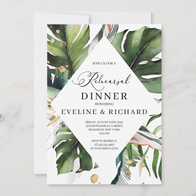 Greenery Tropical leaves gold rehearsal dinner Invitation (Front)