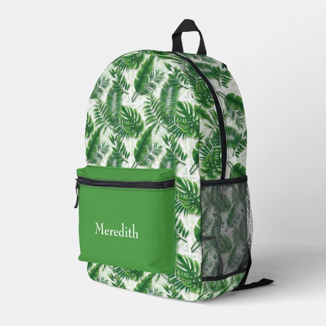 Greenery Tropical Leaves Pattern Personalised Printed Backpack (Back Corner Right)