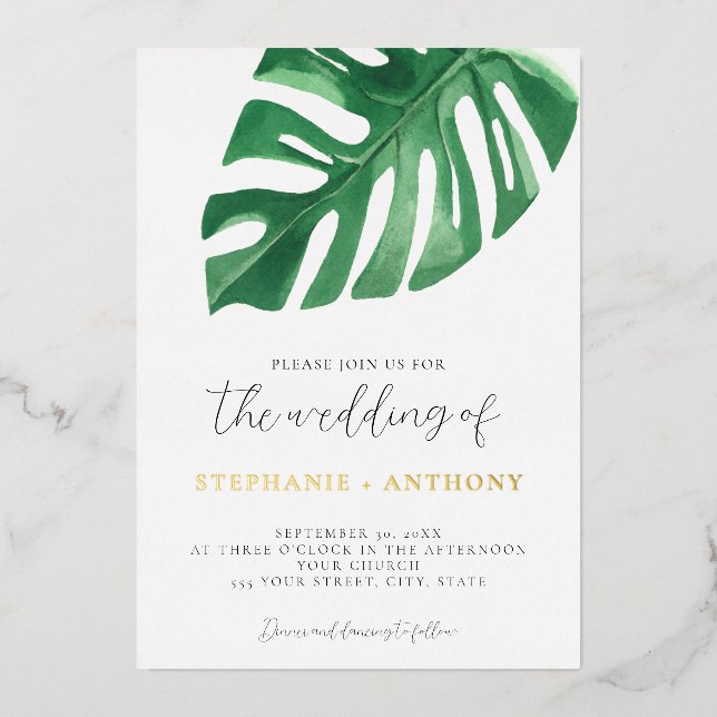 Greenery Tropical Monstera Leaves Summer Wedding   (Front)