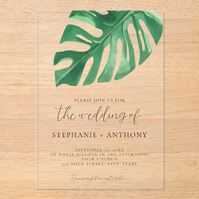 Greenery Tropical Monstera Leaves Summer Wedding   Acrylic Invitations (Front)