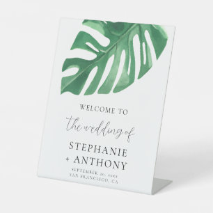 Greenery Tropical Monstera Leaves Summer Wedding   Pedestal Sign