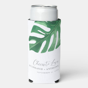 Greenery Tropical Monstera Leaves Summer Wedding   Seltzer Can Cooler