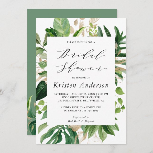Greenery Tropical Palm Leaves Floral Bridal Shower Invitation (Front/Back)