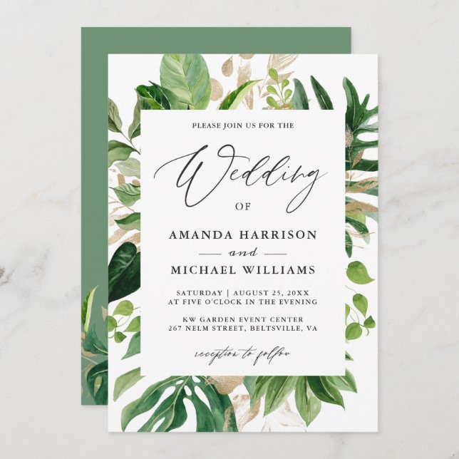 Greenery Tropical Palm Leaves Summer Wedding Invitation (Front/Back)