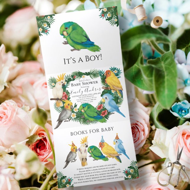 Greenery Tropical Parrots exotic Boy Baby Shower Tri-Fold Announcement (Creator Uploaded)