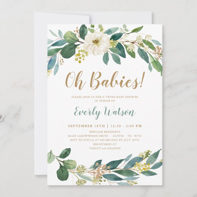 Greenery Twins Baby Shower Invitation Card (Front)