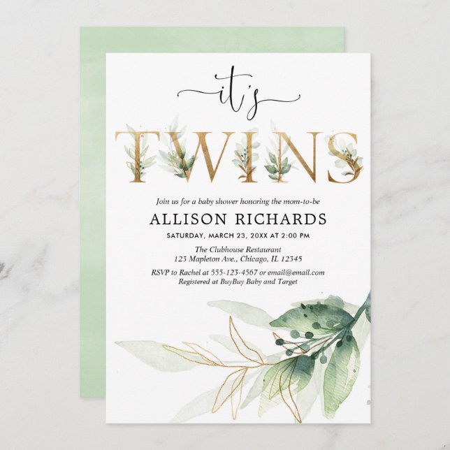 Greenery twins baby shower invitation, modern invitation (Front/Back)