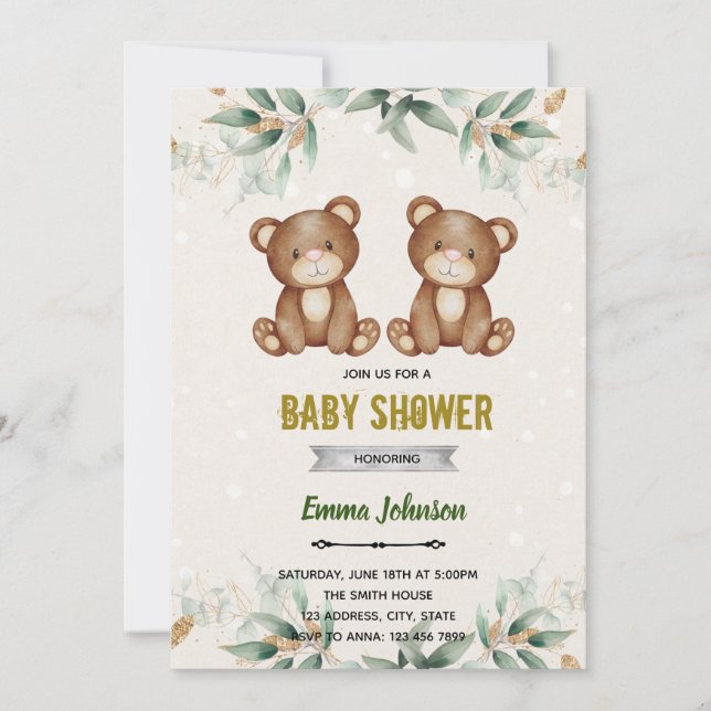 Greenery twins bear shower theme invitation (Front)