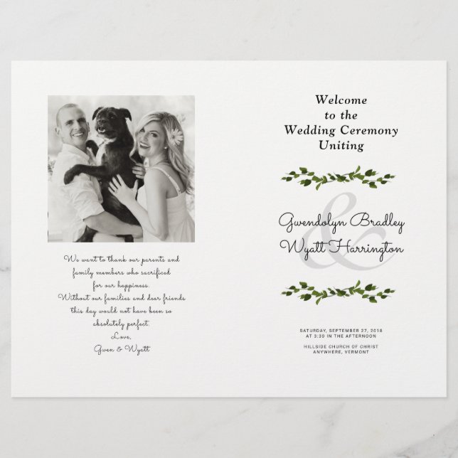 Greenery Vines Folded Photo Wedding Program (Front)