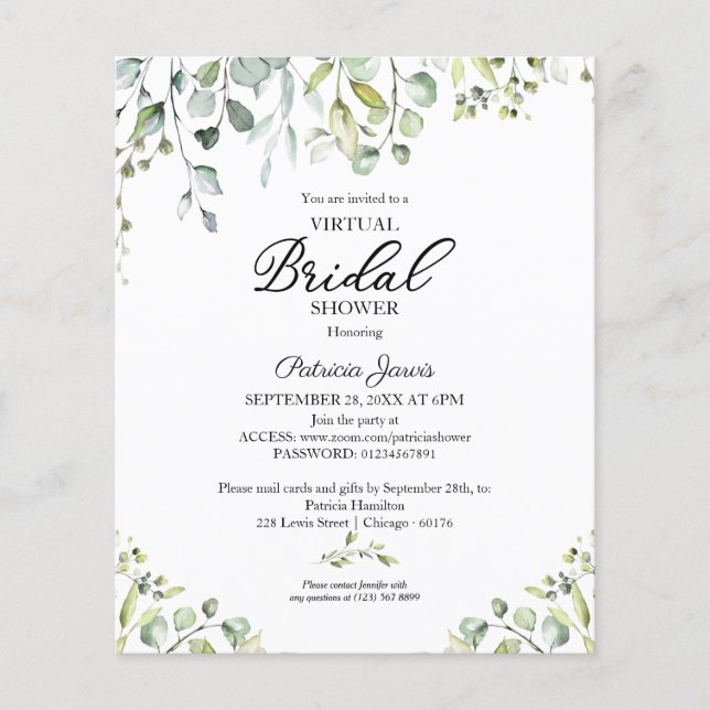 Greenery Virtual Bridal Shower Budget Invitations (Front)