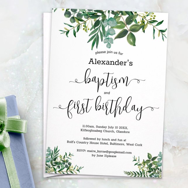 Greenery Watercolor Baptism Combined 1st Birthday Invitation (Creator Uploaded)