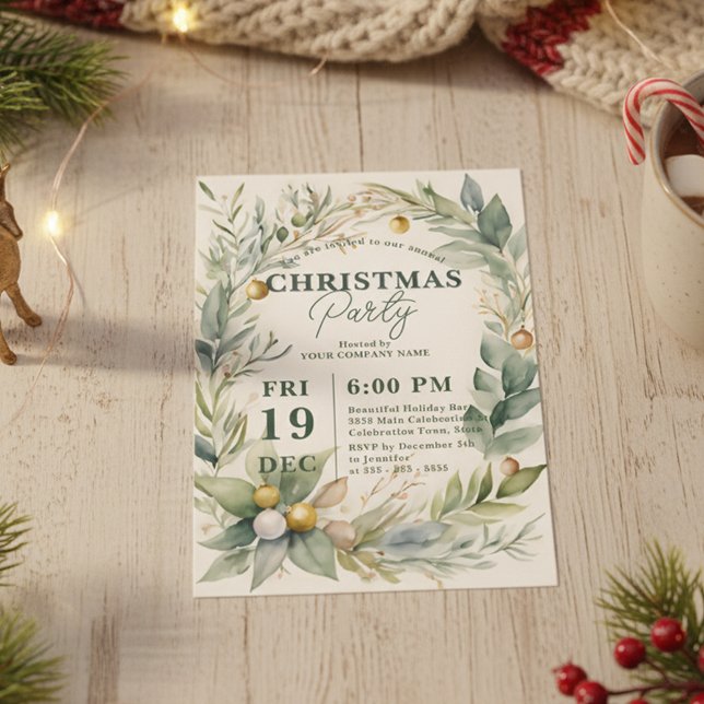 Greenery Watercolor Bauble Wreath Christmas Party Invitation (Creator Uploaded)