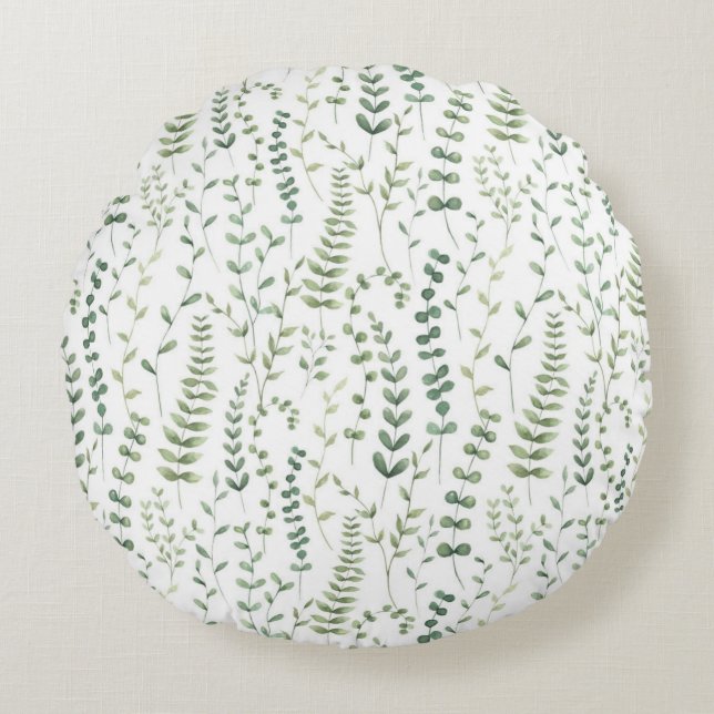 Greenery Watercolor Botanical Leaves Pattern Round Cushion (Front)