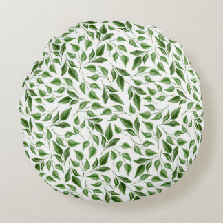 Greenery Watercolor Botanical Leaves Pattern  Round Cushion