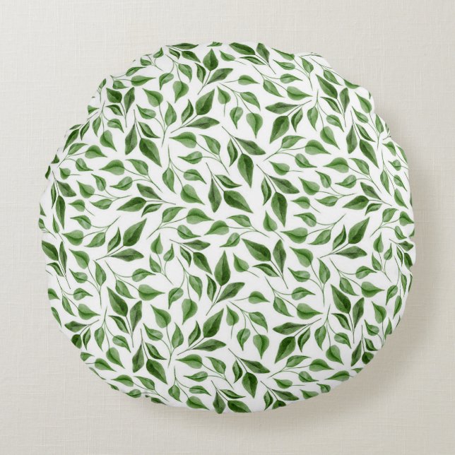 Greenery Watercolor Botanical Leaves Pattern  Round Cushion (Front)