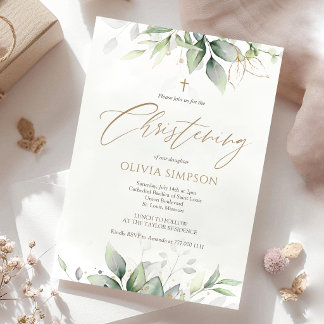 Greenery Watercolor Christening Invitation Card