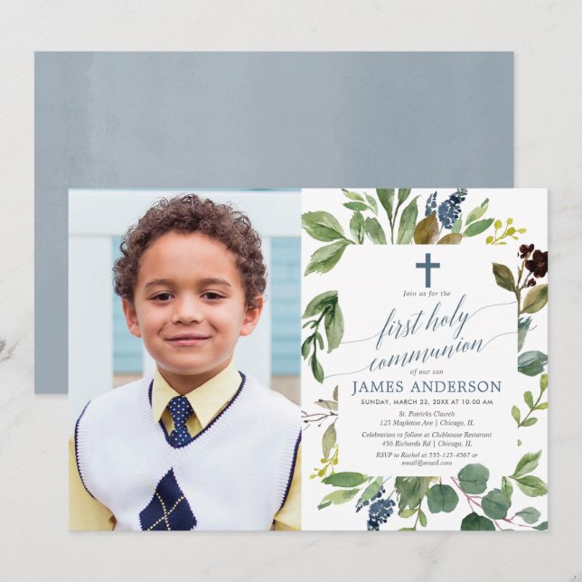 Greenery watercolor dusty blue boy communion photo invitation (Front/Back)