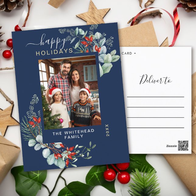 Greenery Watercolor Elegant Navy Blue Holiday Postcard (You will love these beautiful Christmas cards! They feature botanical watercolor pine and berries.)