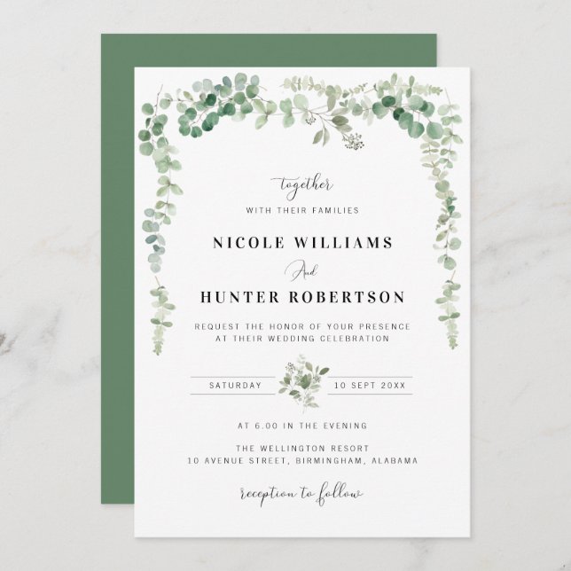 greenery watercolor eucalyptus wedding invitation (Front/Back)