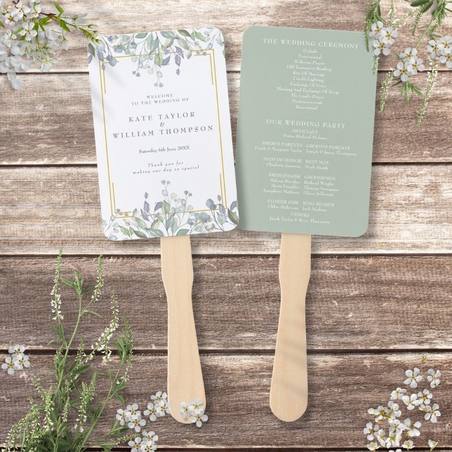 Greenery Watercolor Floral Wedding Program Hand Fan (Greenery Watercolor Floral Wedding Program Hand Fan)