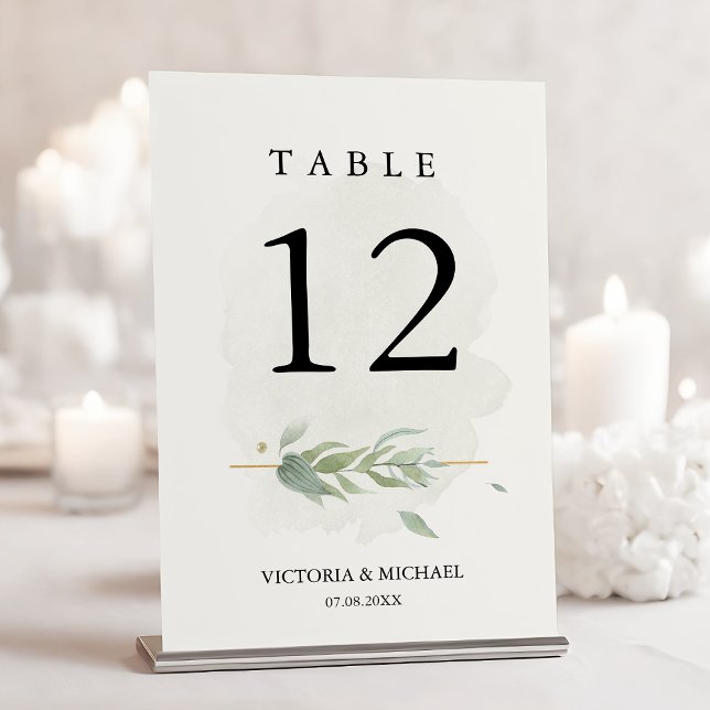 Greenery Watercolor Foliage Modern Elegant Modern Table Number (Creator Uploaded)