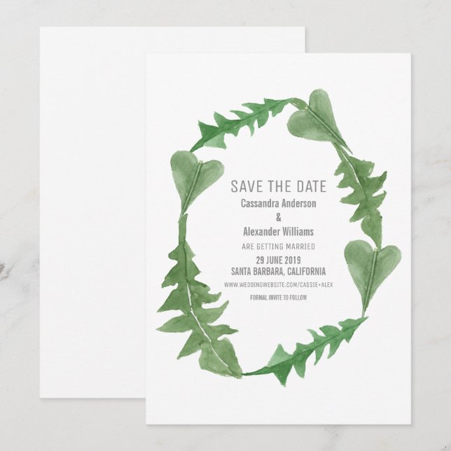 Greenery Watercolor Foliage Save the Date Invite (Front/Back)