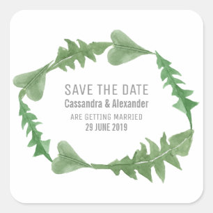 Greenery Watercolor Foliage Save the Date Square Sticker