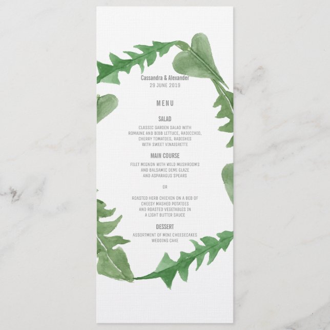 Greenery Watercolor Foliage Wedding Menu (Front)