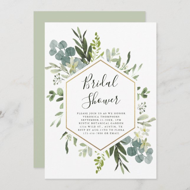Greenery Watercolor Gold Hexagon Bridal Shower Invitation (Front/Back)