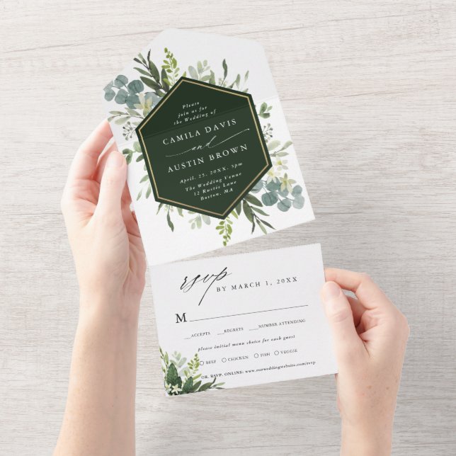 Greenery Watercolor Gold Hexagon Wedding All In One Invitation (Tearaway)