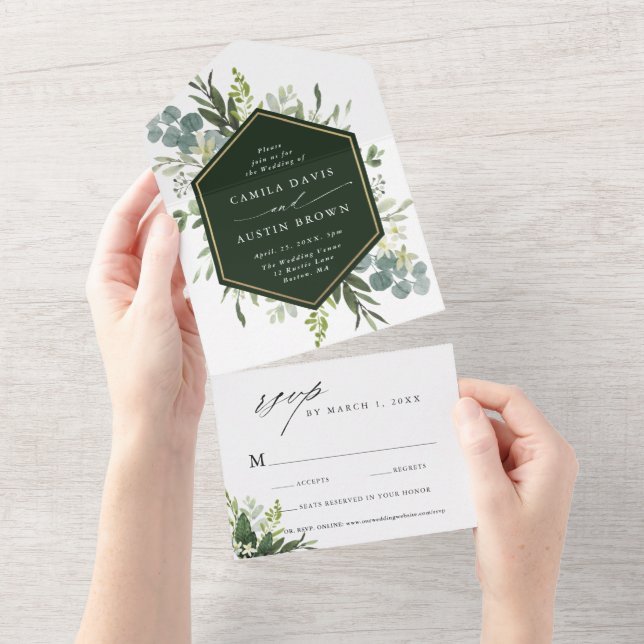 Greenery Watercolor Gold Hexagon Wedding All In One Invitation (Tearaway)