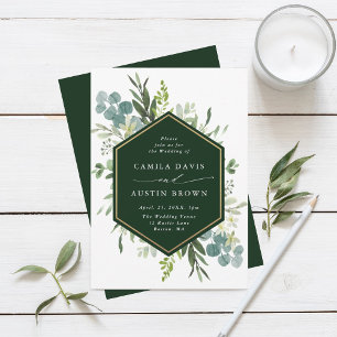 Greenery Watercolor Gold Hexagon Wedding Invitation