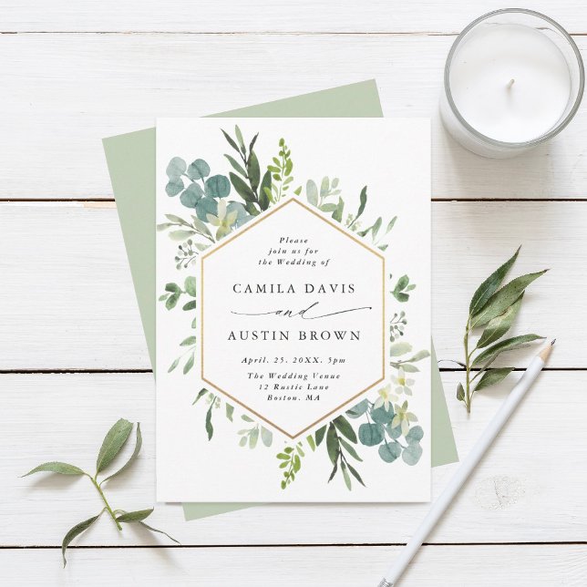 Greenery Watercolor Gold Hexagon Wedding Invitation (Creator Uploaded)