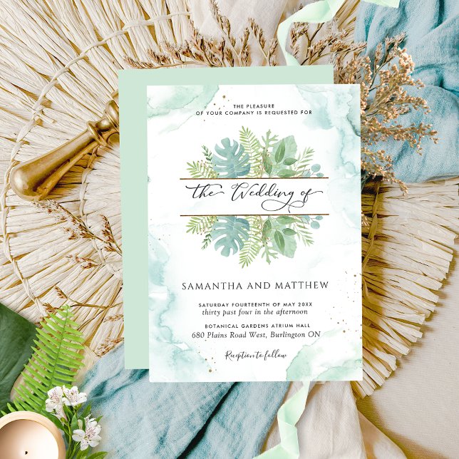 Greenery, Watercolor Green and Blue Wedding Invitation (Creator Uploaded)