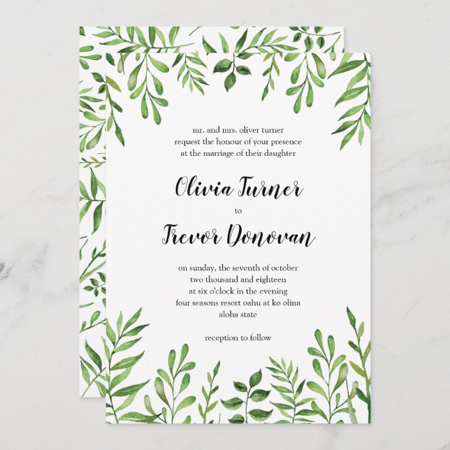 Greenery Watercolor Green Leaves Botanical Garden Invitation (Front/Back)