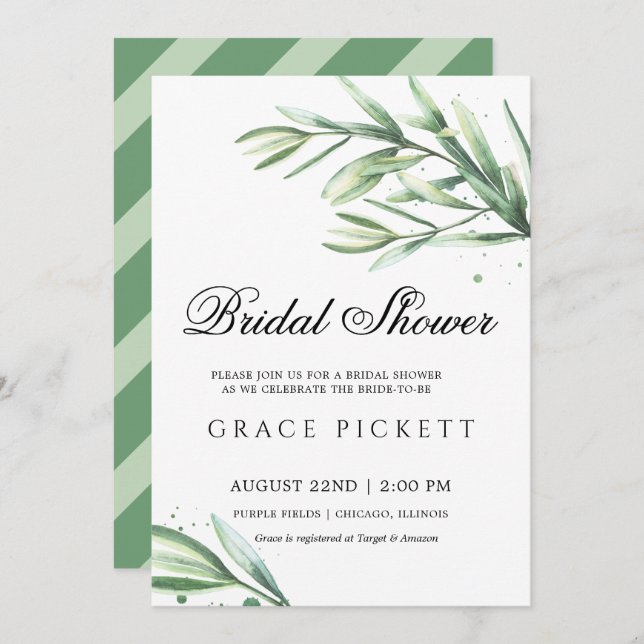 Greenery Watercolor Leafy Bridal Shower Invitation (Front/Back)