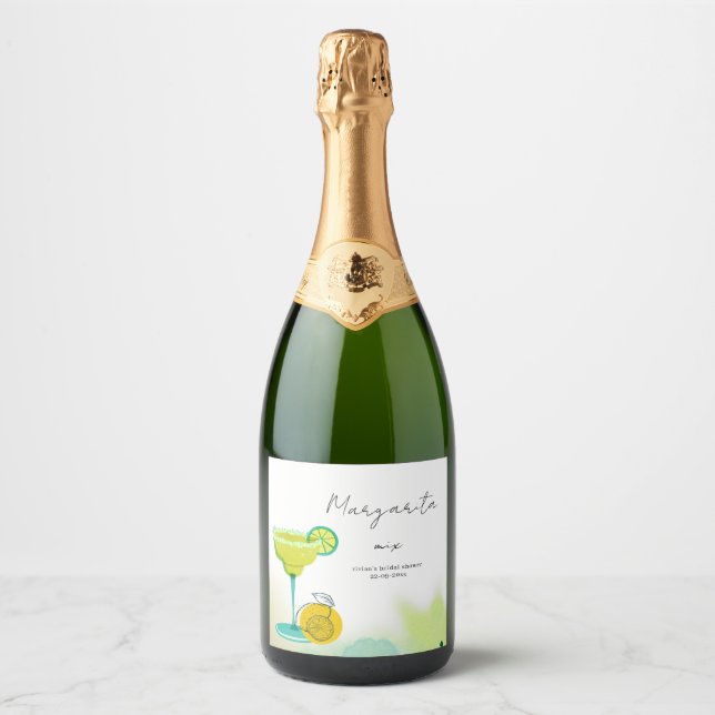 Greenery Watercolor Margarita Lime Bridal Shower Sparkling Wine Label (Front)