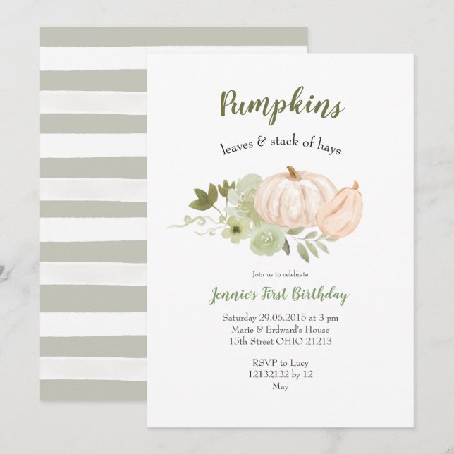 Greenery Watercolor Pumpkin Leaves Birthday Invitation (Front/Back)