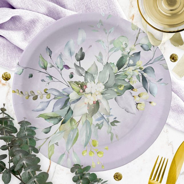 Greenery Watercolor Purple Lavender Bridal Shower Paper Plate (Creator Uploaded)